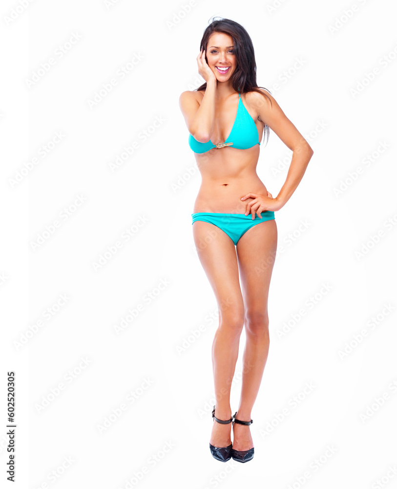 Fit, slim and healthy woman wearing a bikini and showing off her sexy body against a white background. Beautiful, happy and confident female posing in swimwear with a flat stomach and long legs Fit, slim and healthy woman wearing a bikini and showing off her sexy body against a white background. Beautiful, happy and confident female posing in swimwear with a flat stomach and long legs