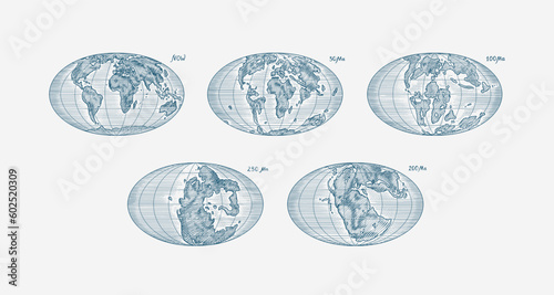 Plate tectonics on the planet Earth. Pangaea. Continental drift. Supercontinent at 250 Ma. Era of the dinosaurs. Jurassic period. Mesozoic. Hand drawn sketch for typography. Vintage engraving style.