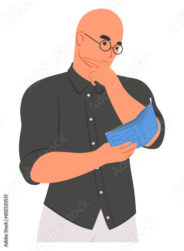 Worried poor bald man looking in empty wallet vector illustration