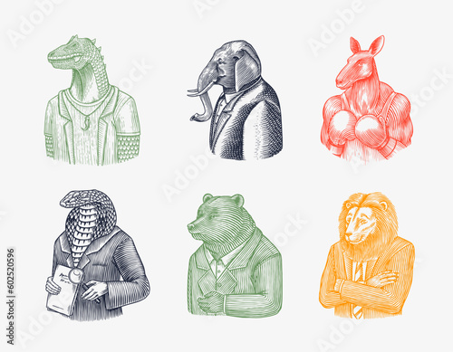 Grizzly Bear, t-rex dinosaur, Lion businessman, Elephant gentleman, Indian cobra snake. Gentleman Fashion animal character in a suit. Hand drawn sketch.