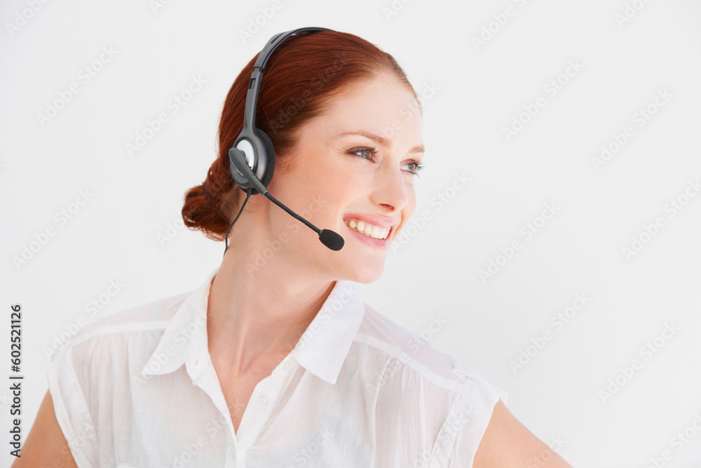 Call center, smile and consulting with woman in studio for telemarketing, customer service and help desk. Happy, communication and contact us with consultant isolated on white background for mockup Call center, smile and consulting with woman in studio for telemarketing, customer service and help desk. Happy, communication and contact us with consultant isolated on white background for mockup
