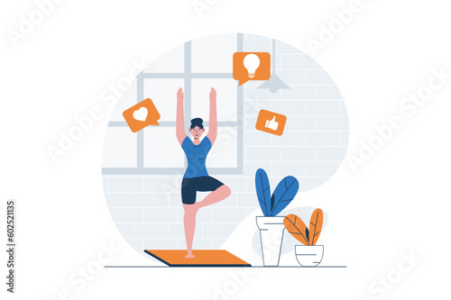 Yoga asanas concept with character scene. Woman practising yoga postures, stretching and training strong body. People situation in flat design. Vector illustration for social media marketing material.