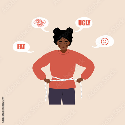 Eating disorder. Depressed african woman measuring her waist with measuring tape. Mental problems. Food addiction. Bulimia or anorexia concept. Vector illustration in flat cartoon style.