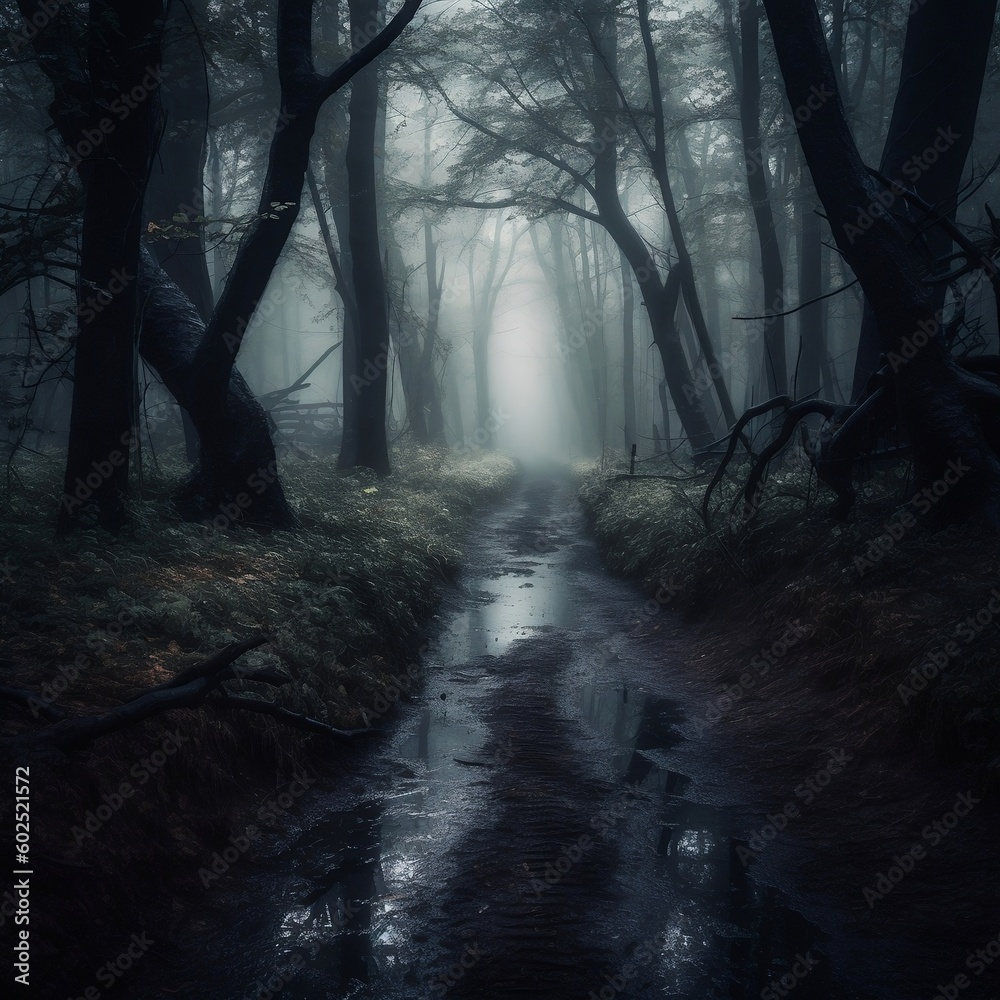 Pathway through Spooky and Gloomy Forest. Generative AI