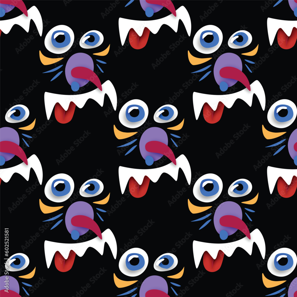 Seamless Pattern with Psyhodelical Bully Monster Face. Surreal Design on Black. Pop Art Cartoon Style with Stains. Endless Texture. Vector 3d Illustration