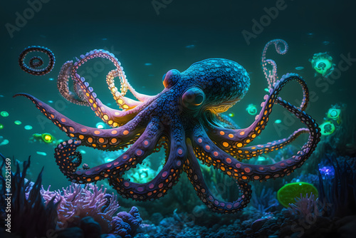 Glowing Octopus On Underwater Environtment Background © MochSjamsul