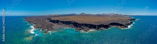 Drone panorama of volcanic coast near El Golfo on Lanzarote with Playa del Paso during daytime