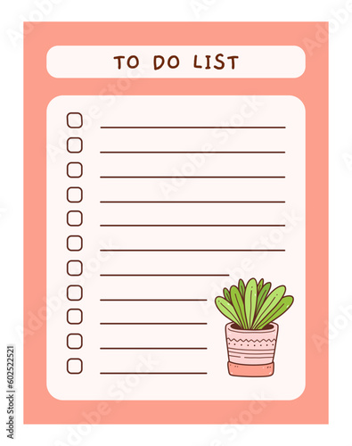 Cute to do list template with floral element. Funny design of daily planner, schedule or checklist. Perfect for planning, memo, notes and self-organization. Vector hand-drawn illustration.