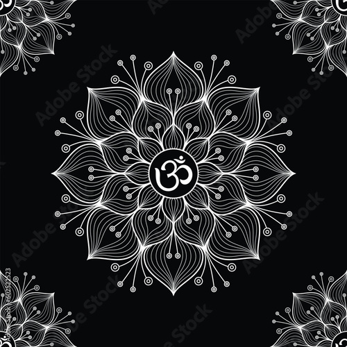 Hindu symbol Om on lotus mandala flower vector illustration seamless pattern