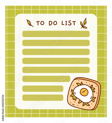 Cute to do list template with fried eggs. Kawaii and funny design of daily planner, schedule or checklist. Perfect for planning, memo, notes and self-organization. Vector hand-drawn illustration.
