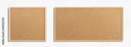 Isolated set of realistic 3d vector cork board with wood frame. Empty png wall corkboard with brown texture for school or office on transparent background. Business noticeboard design illustration.