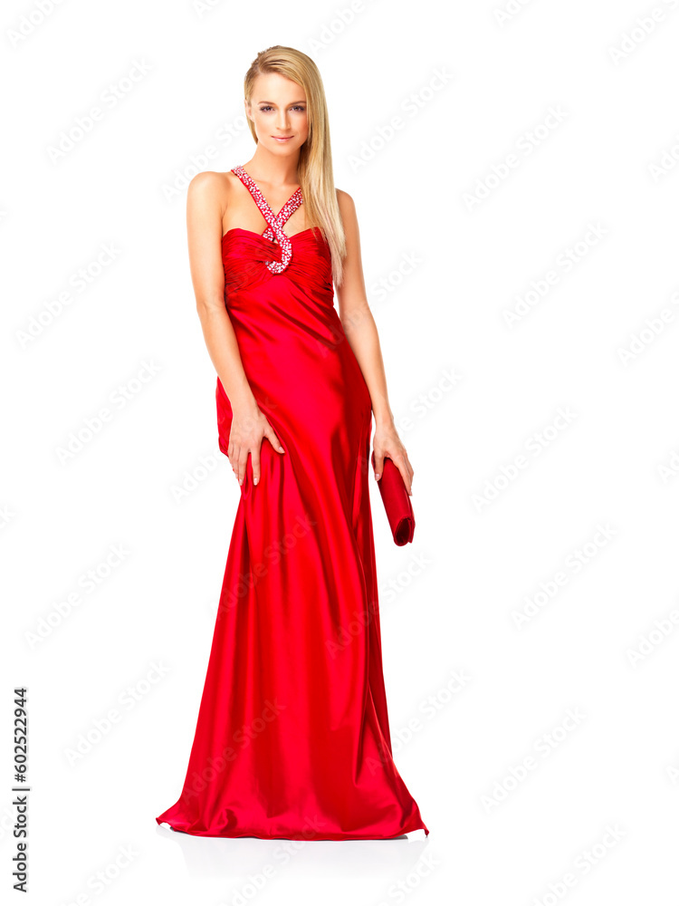 Young and elegant woman in a red dress or fancy gown while feeling confident and beautiful against a copy space background. Lady wearing designer clothes and accessories for prom, bridesmaid or event