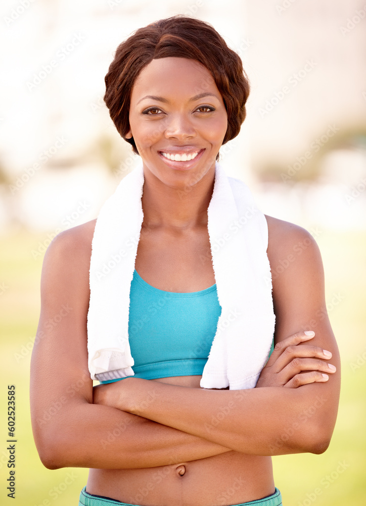 Fitness, black woman and portrait with arms crossed from exercise and sport. Workout, African person smile and female face feeling healthy and happy from sports training and wellness empowerment