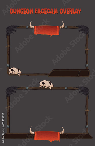 Bull horn old wooden dungeon style streaming face-cam overlay can be used as a png on streams related to old dark themed games. border gives vintage vibes with a bull skull on top. 