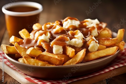Savor the Flavors of Canada: Appetizing Desktop Background Showcasing a Delectable Poutine Dish with Thick-Cut Fries, Fresh Cheese Curds, and Savory Gravy on a Rustic Wood Background