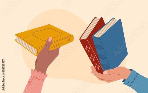 Book exchange or book crossing concept. Human hands swap literature. Hand drawn vector illustration isolated on light background, flat cartoon style.