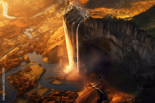 Drone's Comic Masterpiece: A Majestic 8K Sunset View of Seljalandsfoss Waterfall, Unveiling Ultra-Sharp Details