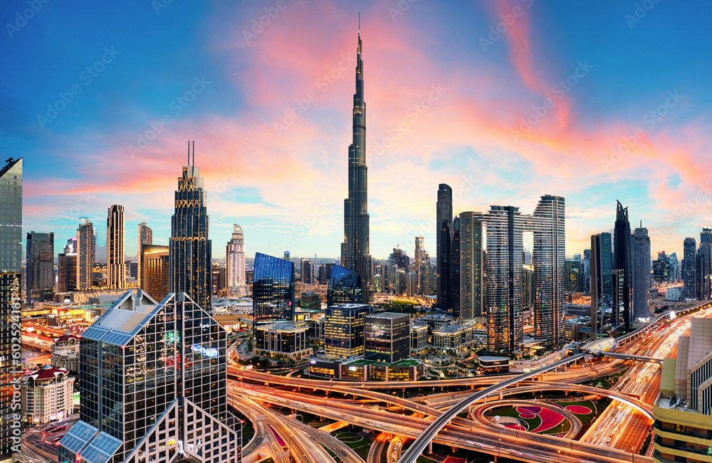 Amazing skyline of Dubai City center and Sheikh Zayed road intersection, United Arab Emirates - obrazy, fototapety, plakaty 