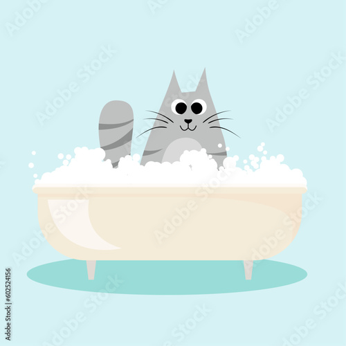 vector with domestic cat in the bathtub with foam. gray cat bathe in a bubble bath