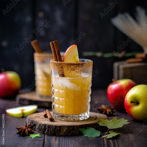 Two glasses of apple cider with apple slices on a wooden table. Ai generated