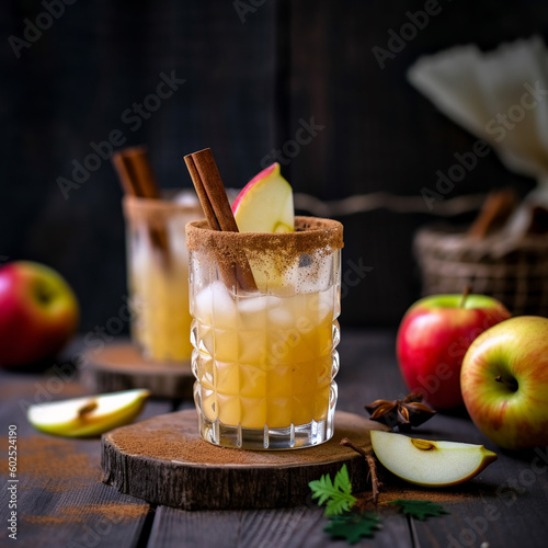 Two glasses of apple cider with apple slices on a wooden table. Ai generated