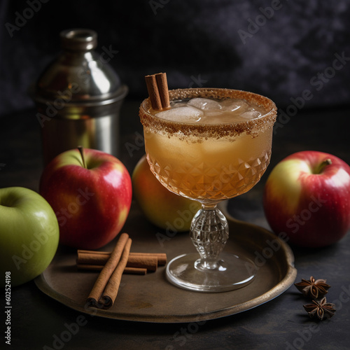 Two glasses of apple cider with apple slices on a wooden table. Ai generated