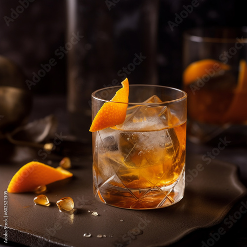 A glass of oranges and a drink with a dark background. Ai generated