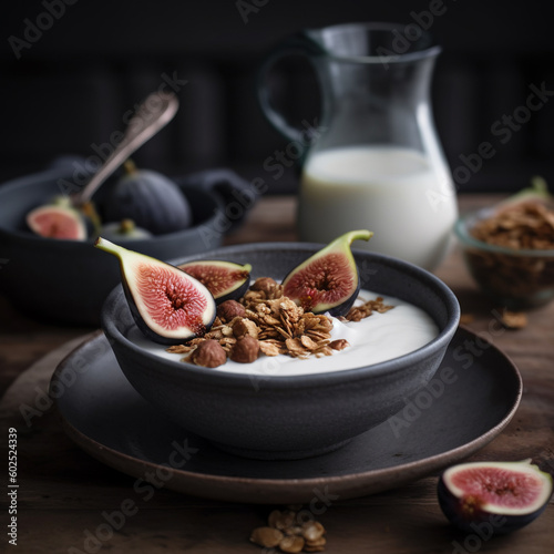 A bowl of cereal with granola and a bottle of milk. Ai generated