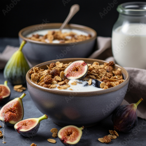 A bowl of cereal with granola and a bottle of milk. Ai generated