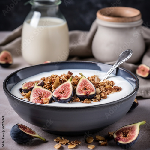 A bowl of cereal with granola and a bottle of milk. Ai generated