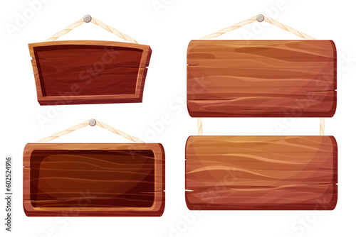 Set Game menu wooden frame, panel textured with rope hanging plank in cartoon style isolated on white background. Ui asset