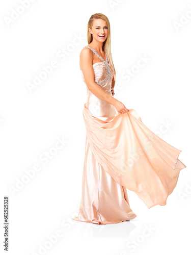 Beauty  fashion and elegant prom dress on young woman feeling happy  playful and beautiful in evening gown with copy space. Portrait of a laughing woman choosing the perfect prom or bridesmaid outfit