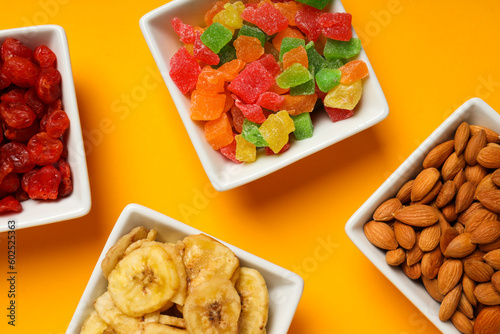 Tasty food concept - delicious dried fruits, tasty dried food