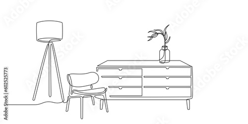 Continuous single line drawing of Living room with furniture editable stroke. One line interior with armchair, floor lamp, plant, chest of drawers in linear style. Handdraw contour chair. Vector
