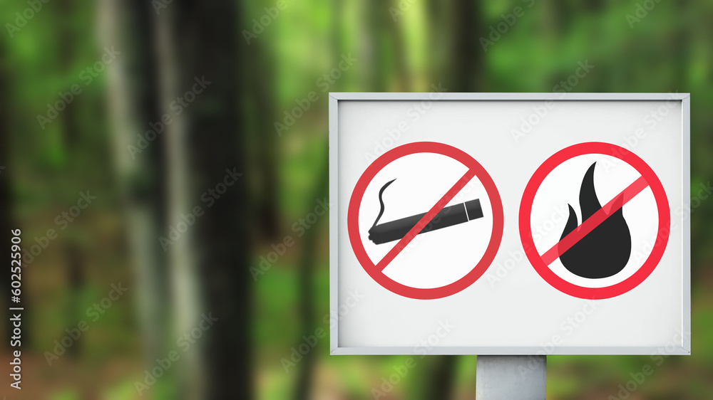 No smoking sign and no campfire sign in the forest. Do not smoke