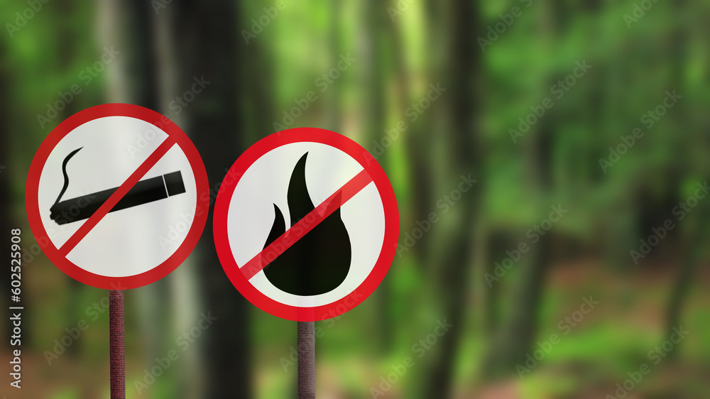 No smoking sign and no campfire sign in the forest. Do not smoke