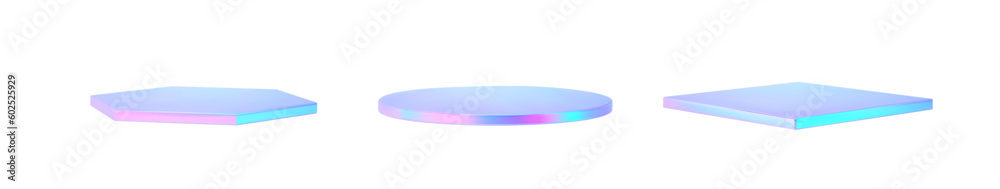 Set 3d hologram podium isolated. Flying fluid platform for product presentation. Holo cylinder, cube, hexagon perspective shape. Vector illustration