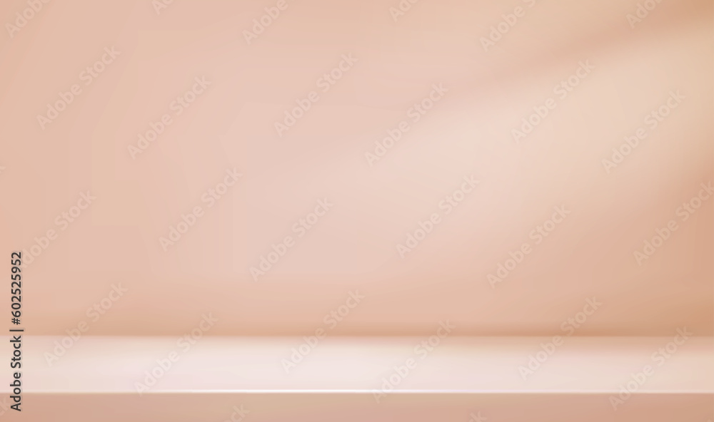 Realistic beige stage podium in beige room. Nude abstract minimal mockup studio. Realistic vector illustration