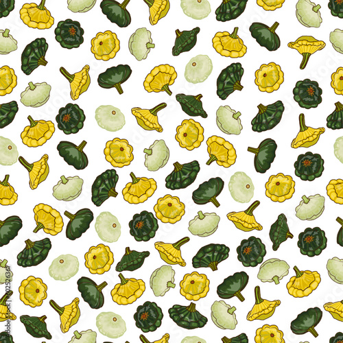 Seamless pattern with Yellow, green and white Patty Pan squash. Scallop or Scallopini squash. Summer squash. Fruits and vegetables. Cartoon style. Vector illustration isolated on white background.