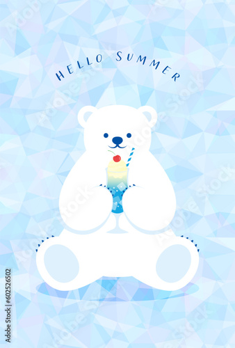 vector background with a polar bear with ice cream float on the ice for banners, cards, flyers, social media wallpapers, etc.