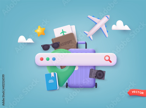 Online booking travel service.  Trip planning. Online reservation of plane and train tickets.  3D Web Vector Illustrations.