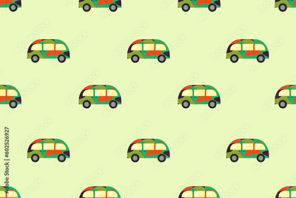 Seamless pattern with Hippie Bus. Endless ornament with colorful Van. Children's wallpaper and bed linen print. Vector illustration.