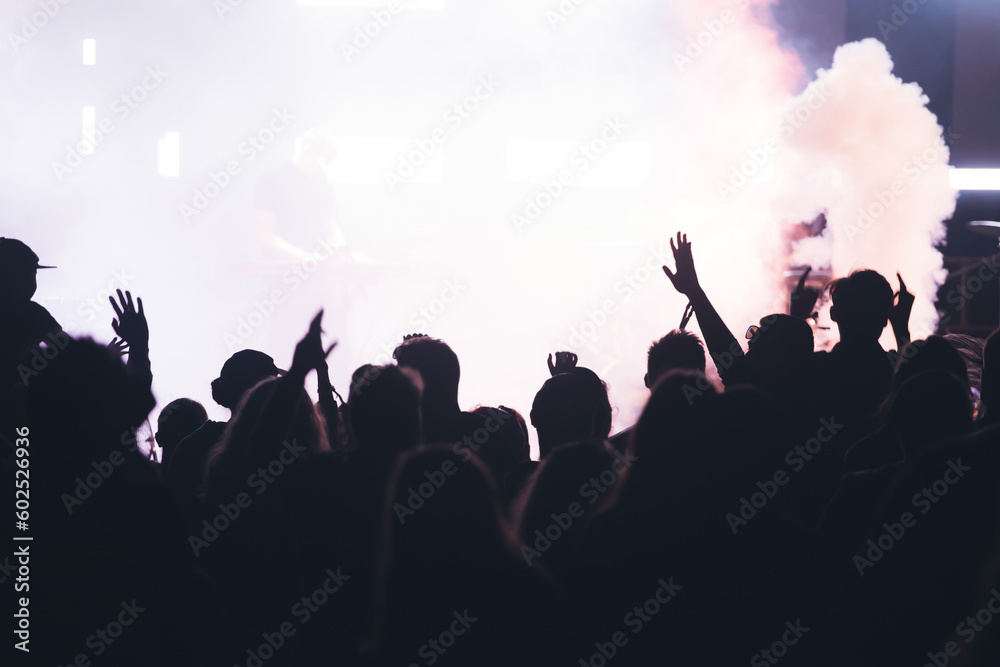 Crowd at concert and blurred stage lights. - obrazy, fototapety, plakaty 