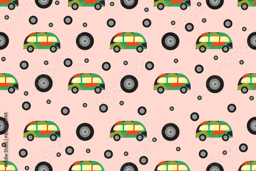 Seamless pattern with Hippie Bus and wheel. Endless background with colorful Van. Children's wallpaper and bed linen print. Vector illustration.