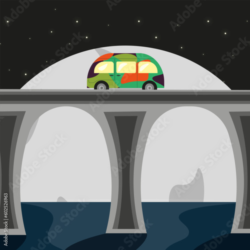 Hippie Van on the Bridge in the Night Landscape. Flat vector illustration with Retro Bus on the road against moon and nighty sky. Square vintage clipart.