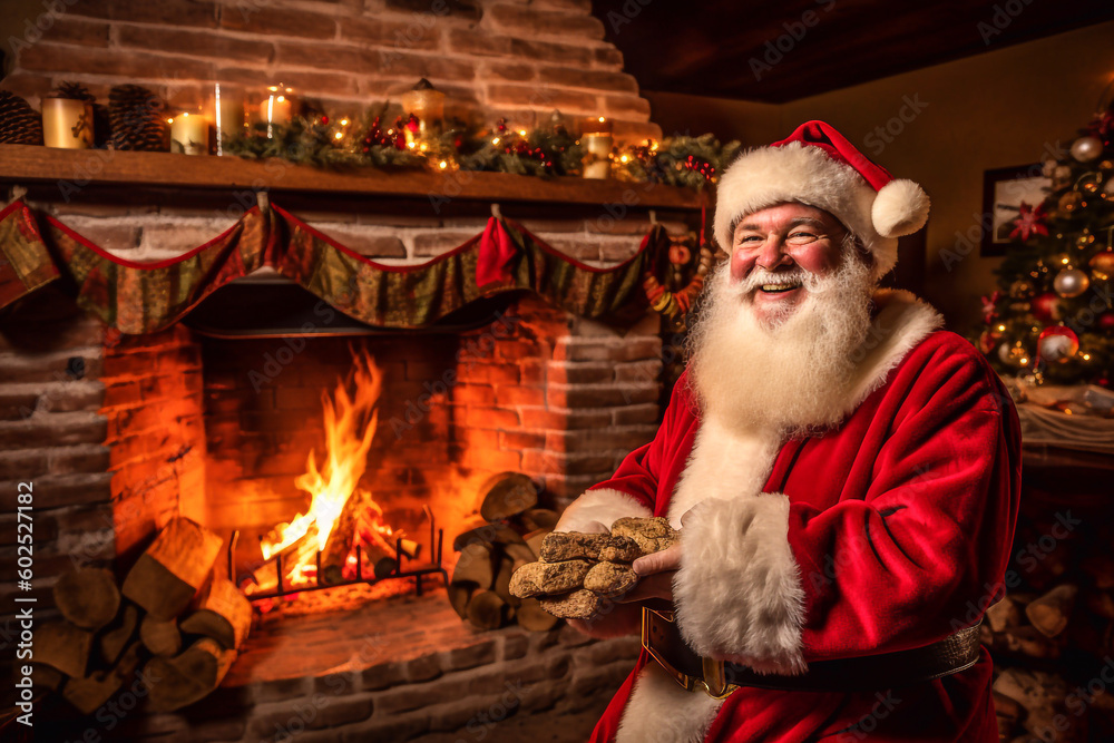 A smiling chubby Santa Claus with a white beard is standing in front of a burning fireplace, he have a happy and joyful looking - ai generative