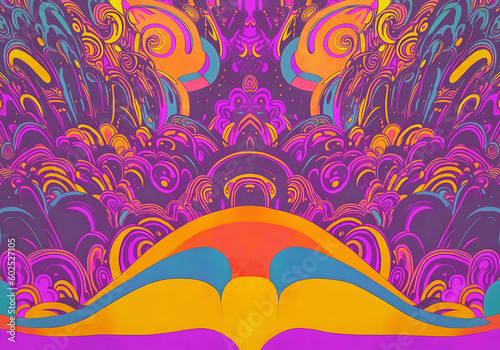 A generative AI abstract psychedelic watercolor-style illustration; a 1960s-style poster background or record album gatefold image from the groovy hippie era.
