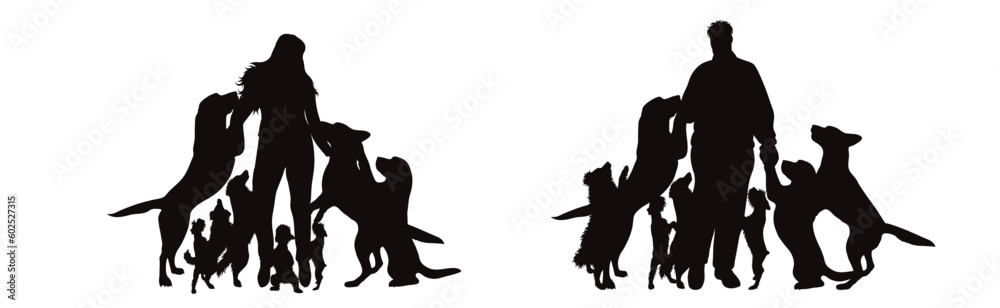Set of vector silhouette of dancing woman or man with theirs happy dog on white background.