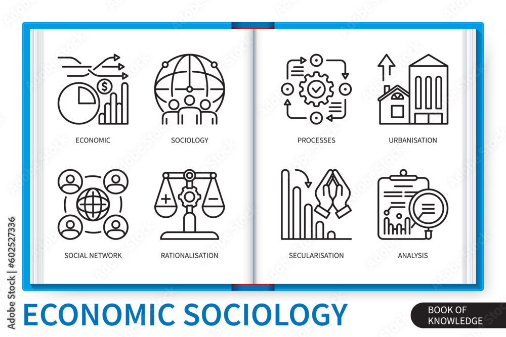 Economic sociology infographics linear icons collection