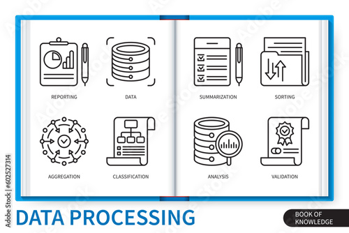 Data processing infographics linear icons collection